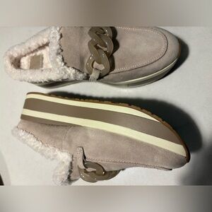 Dolce Vita Cream Suede Loafers with Chain Accent